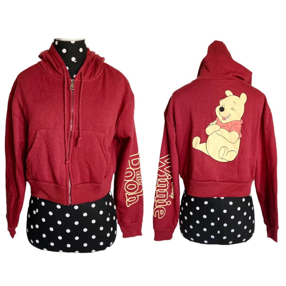 Disney Womens‎ Juniors Hoodie Size XS S Winnie the Pooh Burgundy Cropped Hood
